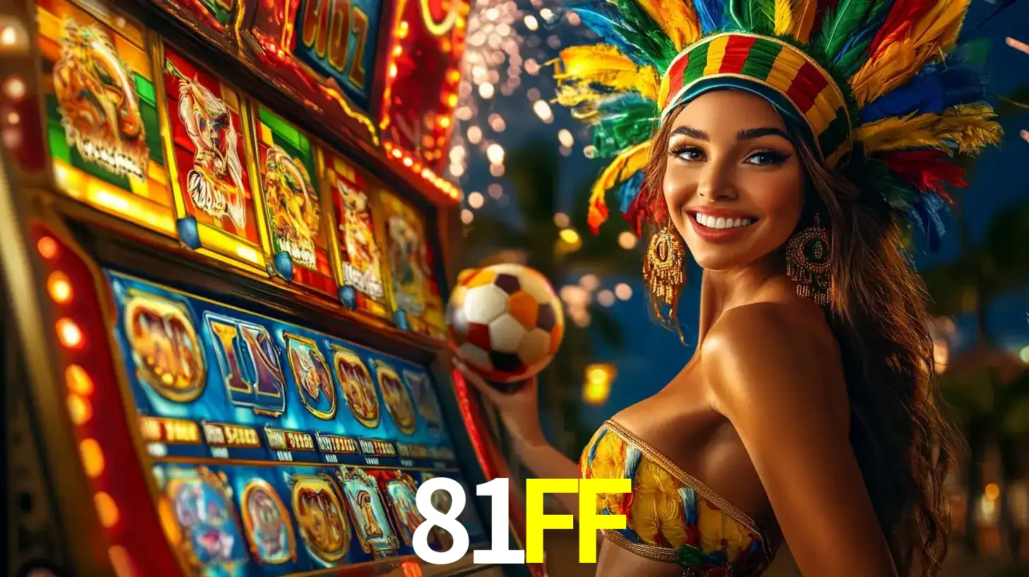 Mulher com um cocar de carnaval ao lado de uma máquina de caça-níqueis enquanto segura uma bola de futebol, mostrando a união da diversão de cassino e esportes no 81FF.