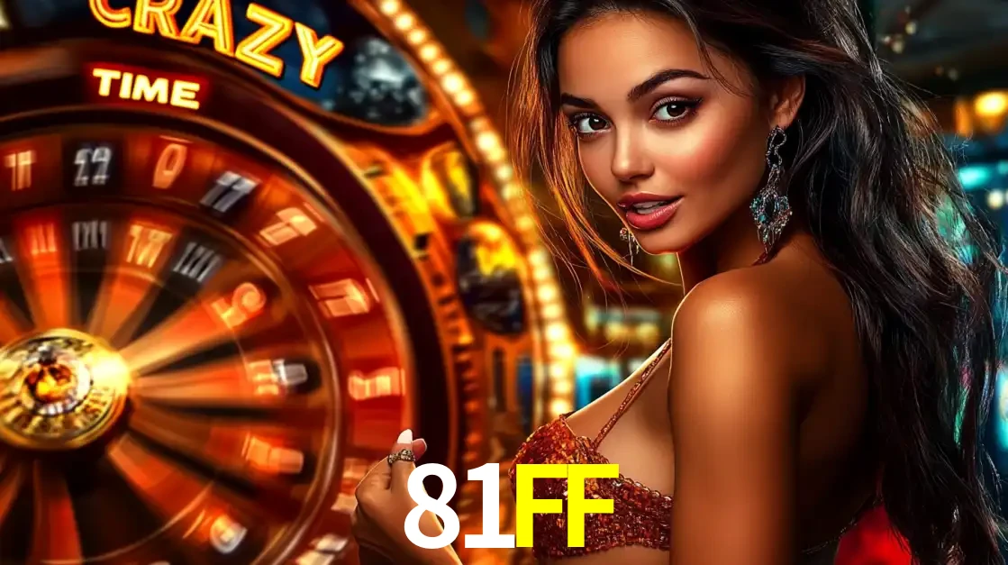 Mulher ao lado da roda de prêmios do jogo de cassino ao vivo Crazy Time, um dos shows de jogos mais emocionantes oferecidos pela plataforma de apostas 81FF.