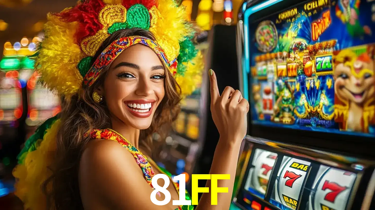 Mulher animada com um cocar de carnaval apontando para uma máquina de caça-níqueis, mostrando a emoção de ganhar um grande prêmio nos jogos do 81FF.