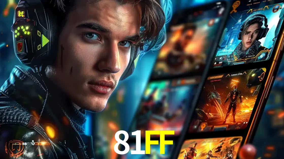 Jovem jogador com fones de ouvido olhando para a câmera, com um aplicativo de jogos e e-sports para celular ao fundo, pronto para a competição e apostas no 81FF.