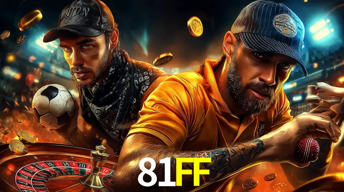 Montagem de apostas esportivas e cassino no 81FF, com um homem segurando uma bola de futebol e outro uma de beisebol sobre uma roleta e moedas voadoras.