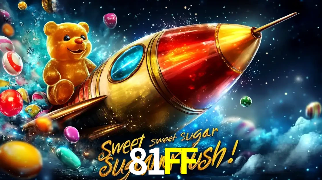 Arte promocional do jogo de slot Sugar Rush, com um urso de pelúcia em um foguete viajando pelo espaço de doces, um dos jogos divertidos disponíveis no cassino 81FF.