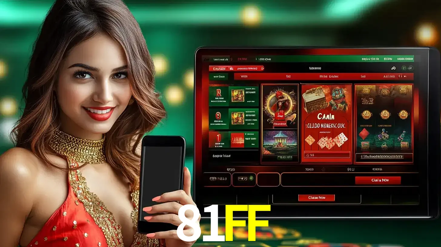 Mulher sorridente segurando um smartphone, ao lado de uma tela exibindo o lobby de jogos do cassino online 81FF, com várias opções de jogos de cartas e slots.